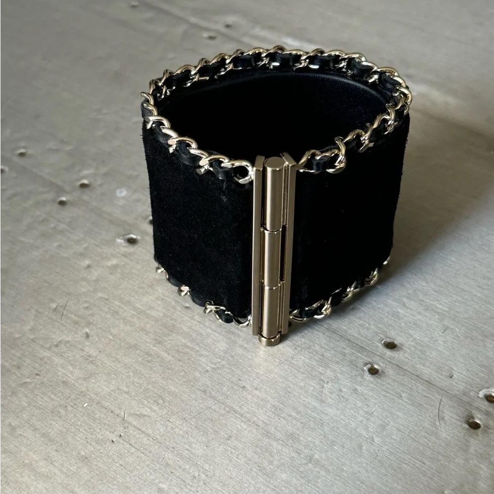 Chanel black suede chain cuff logo bracelet rare Preowned authentic